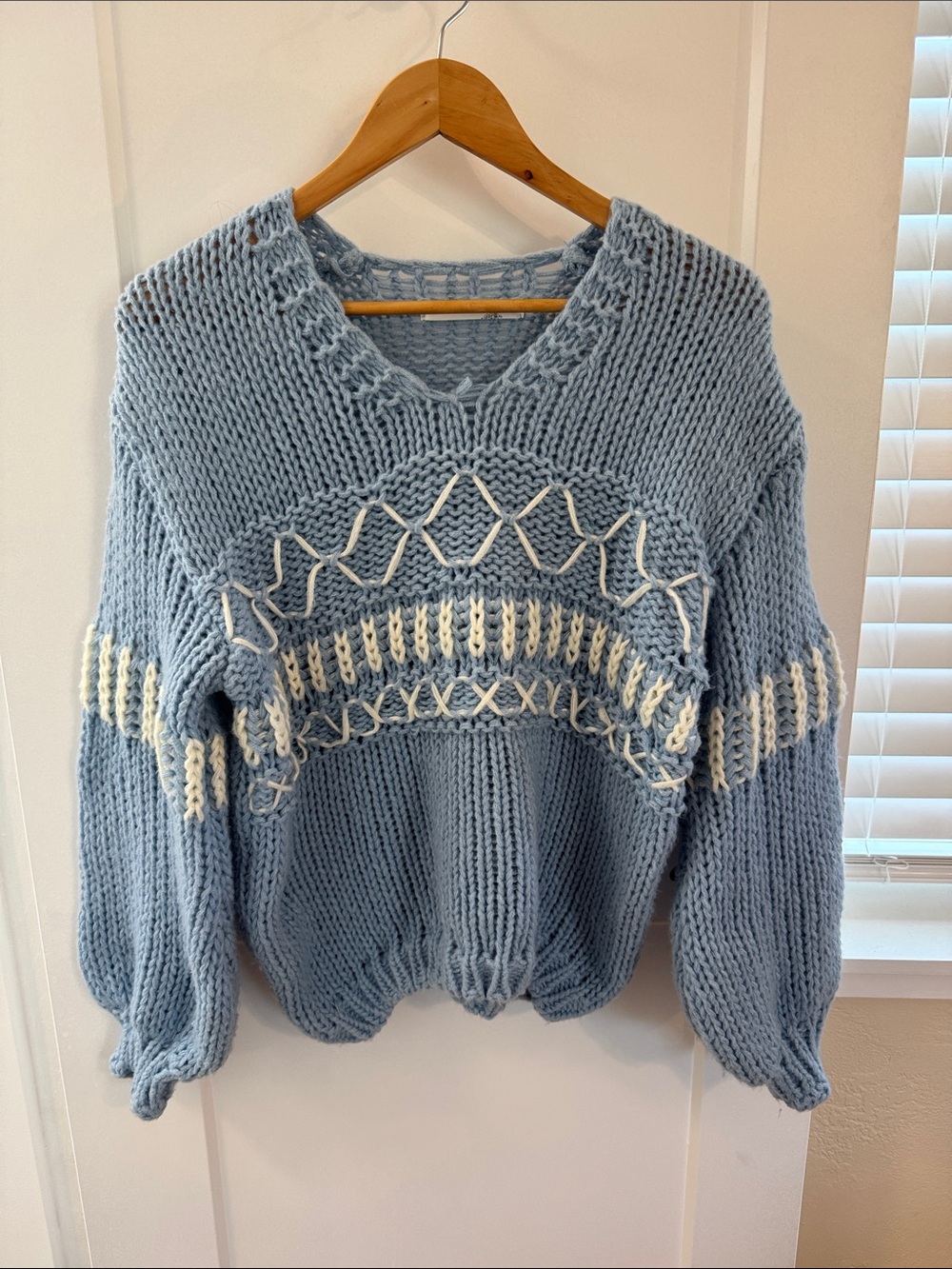 Altar'd State Light Blue V-Neck Chunky Knit Sweater with Cream Trim